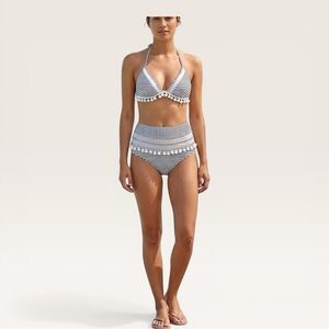 CocoShip 2-Pc Bikini High Waist Bottoms in Black Stripe with Tassels Size 4